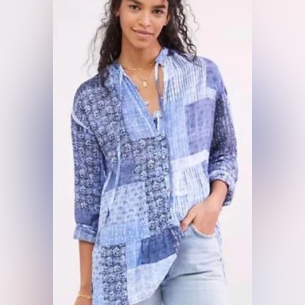 Pilcro Blue Patchwork Button-Down Shirt NWT - image 1